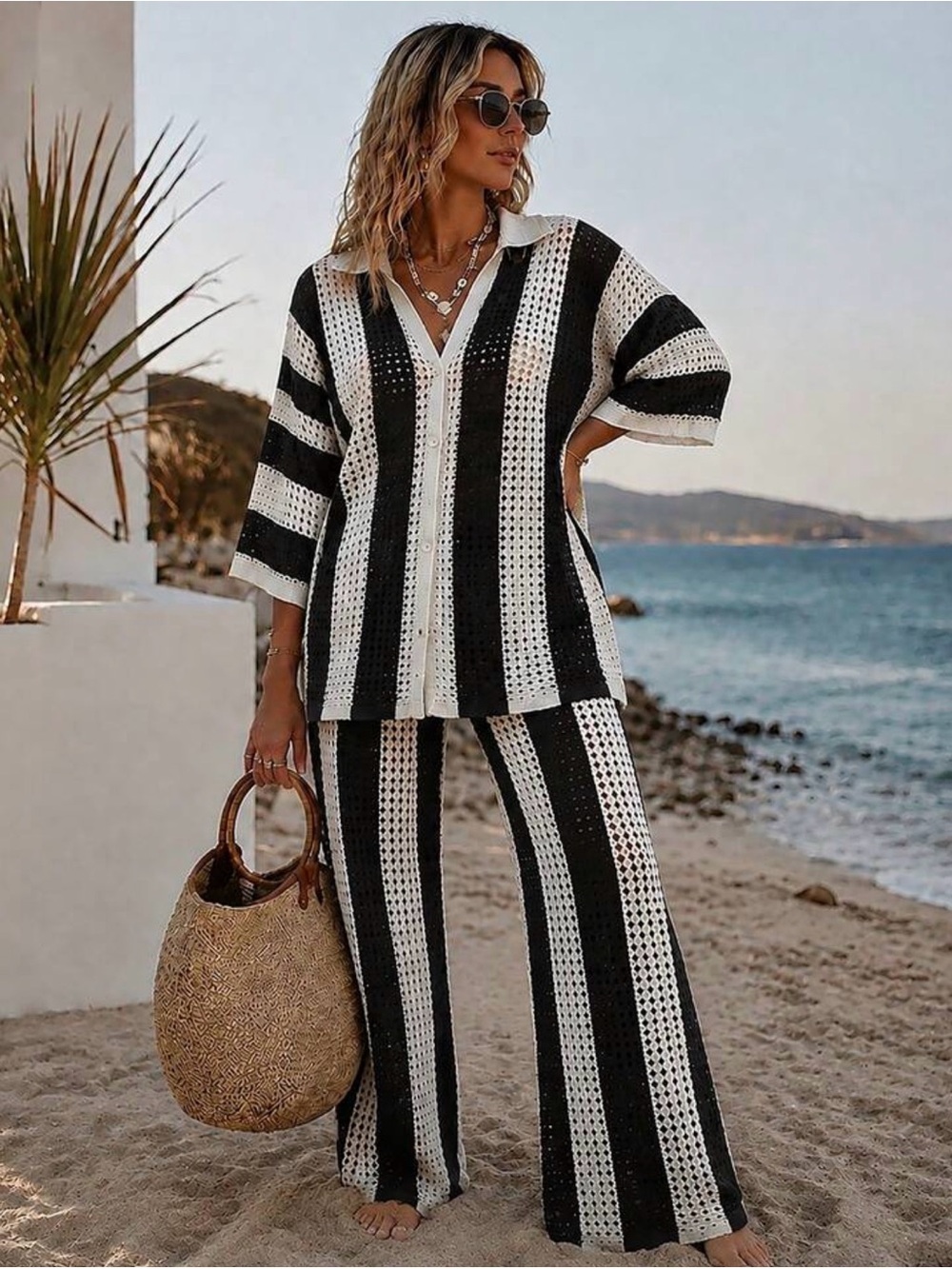 Striped Black & White Crochet Wide-Leg Pants Set